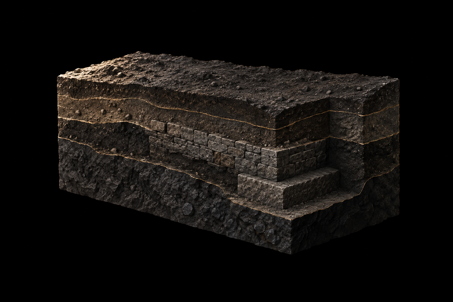 Conceptual illustration of buried masonry—not a field result.